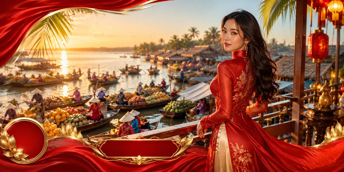 Phụ nữ mặc áo dài truyền thống Việt Nam thư giãn bên sông Mekong trong chiều tà