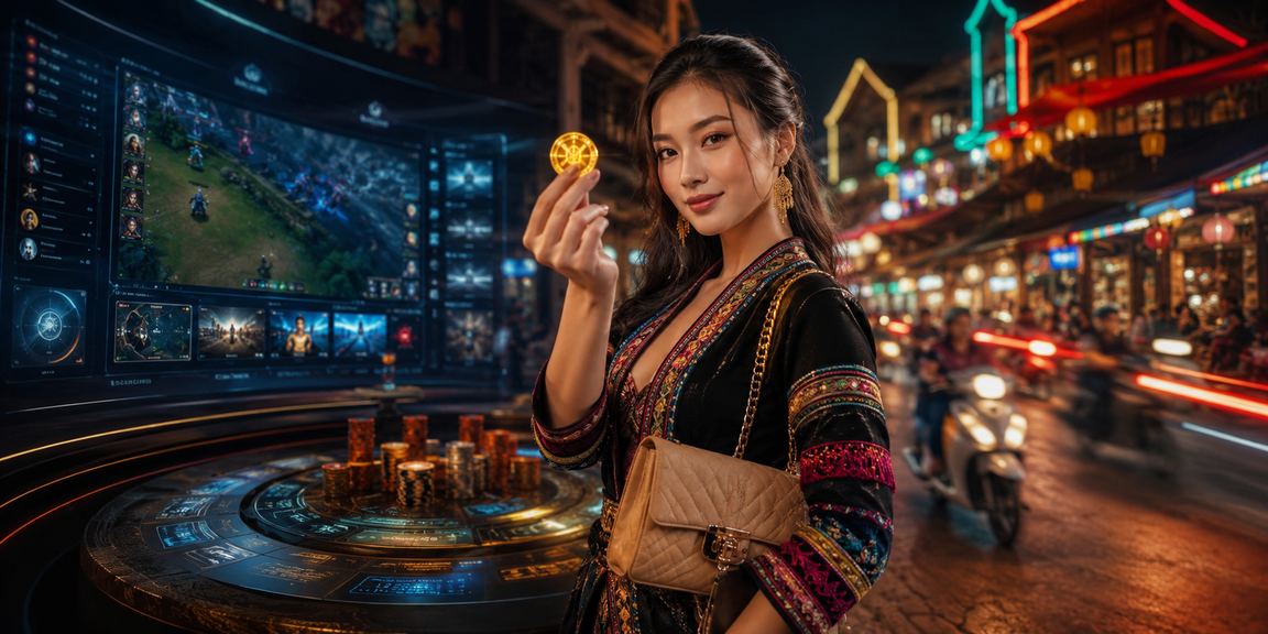Người chơi esports theo dõi kèo cược qua điện thoại trong không gian đêm neon tại Sa Pa
